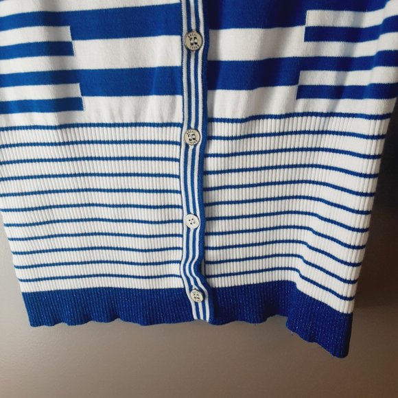 Belldini Striped Cardigan, V-neck, 3/4 Sleeve, Royal Blue & White | Medium - Picture 4 of 14